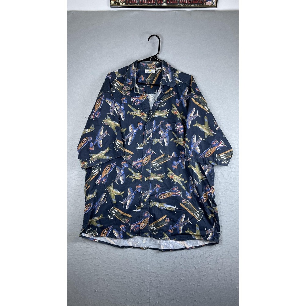 Smithsonian Institution Shirt Mens XL Blue Airplane Print Short Sleeve Button